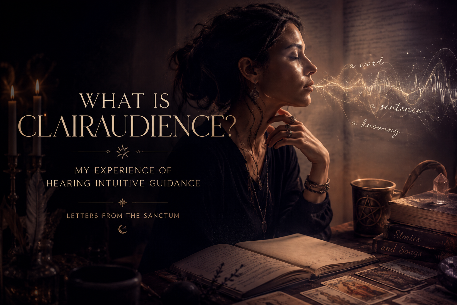 Editorial portrait of Kat at a candlelit desk with tarot cards and books, soft sound waves suggesting intuitive hearing.